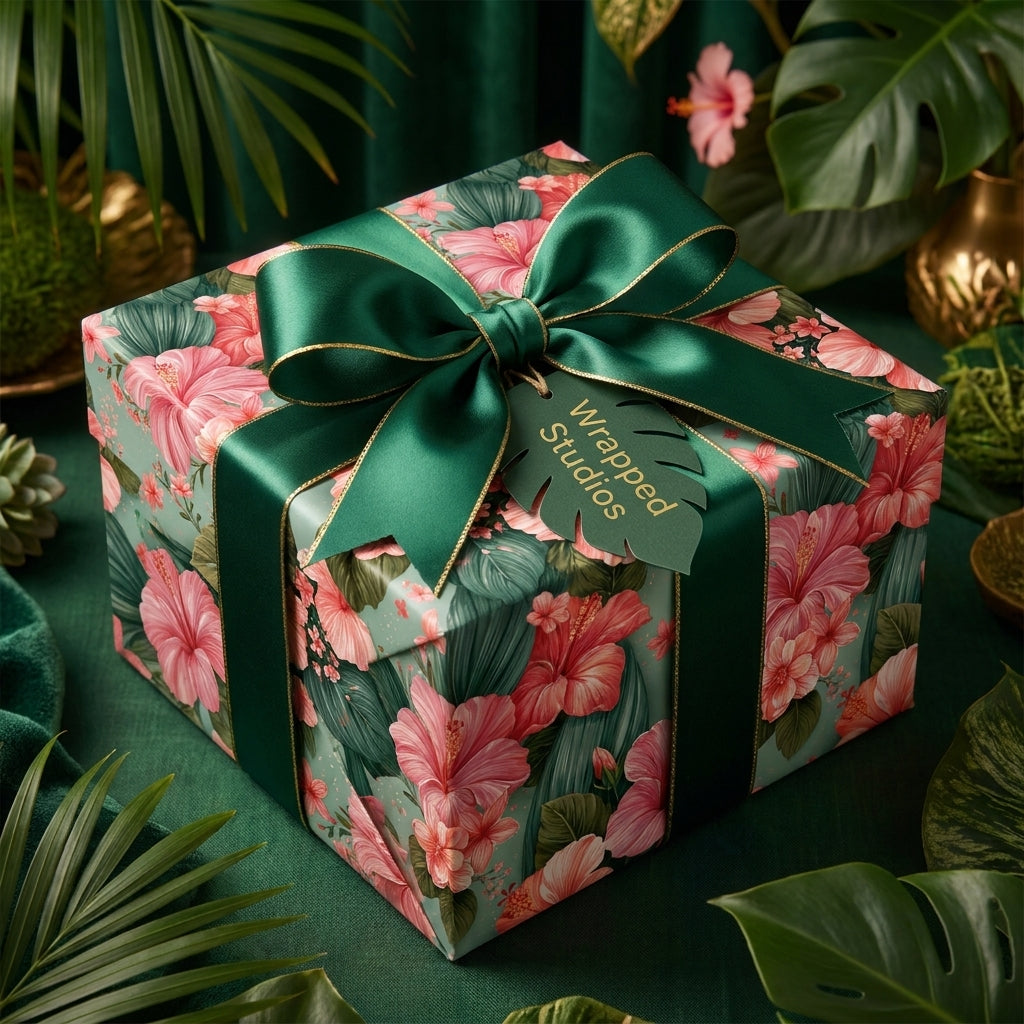 Tropical pink hibiscus floral wrapping paper with a luxury green satin bow by Wrapped Studios.