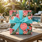 Tropical floral wrapping paper with pink hibiscus, a teal bow, and birthday tag by Wrapped Studios.