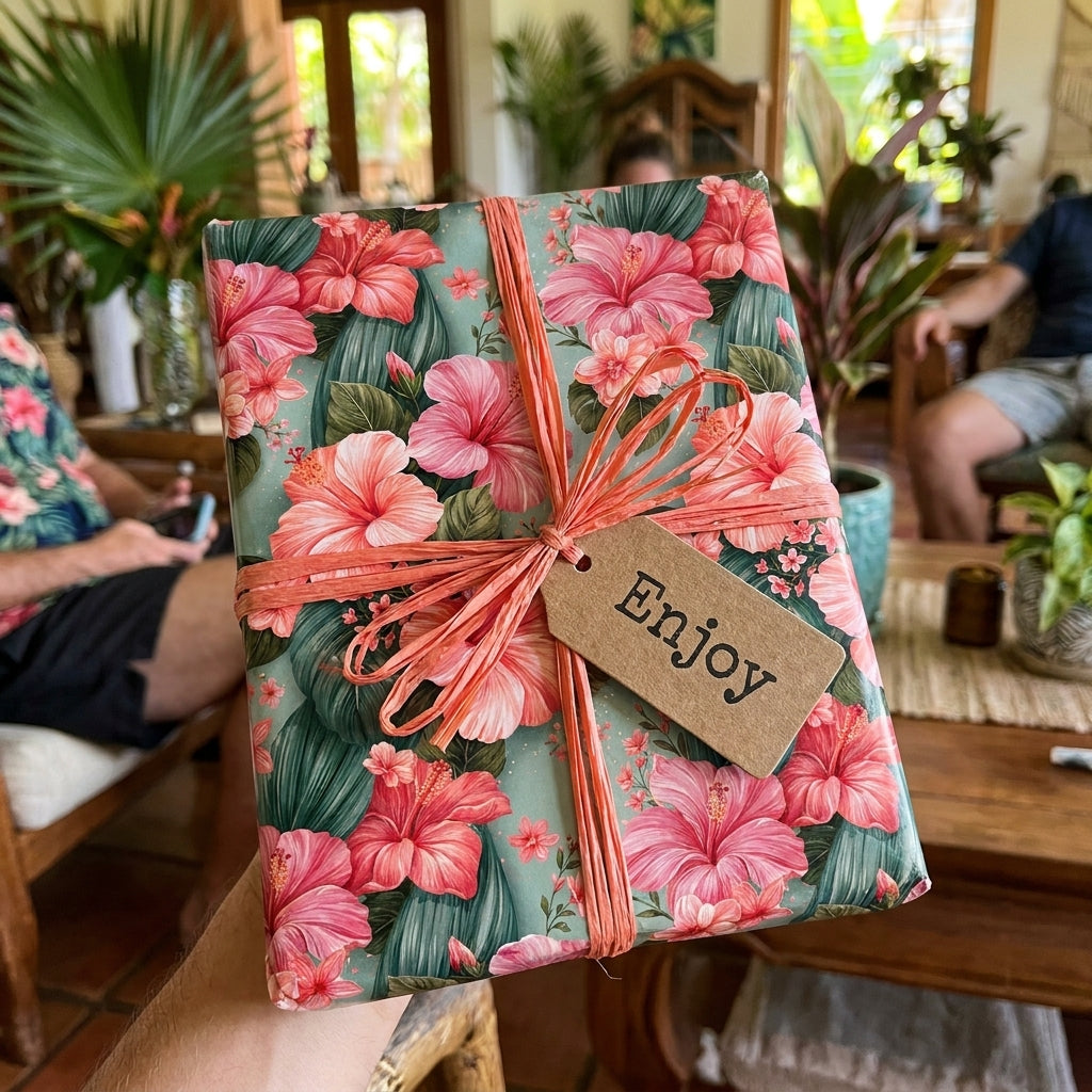 Tropical hibiscus floral wrapping paper by Wrapped Studios, tied with a coral raffia bow and gift tag.