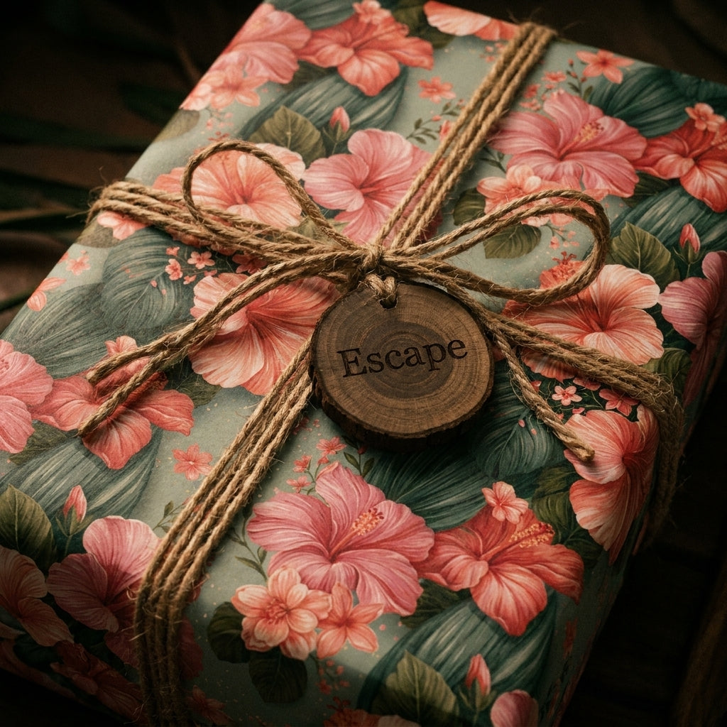 Tropical hibiscus floral wrapping paper on a gift box with a rustic twine bow by Wrapped Studios.