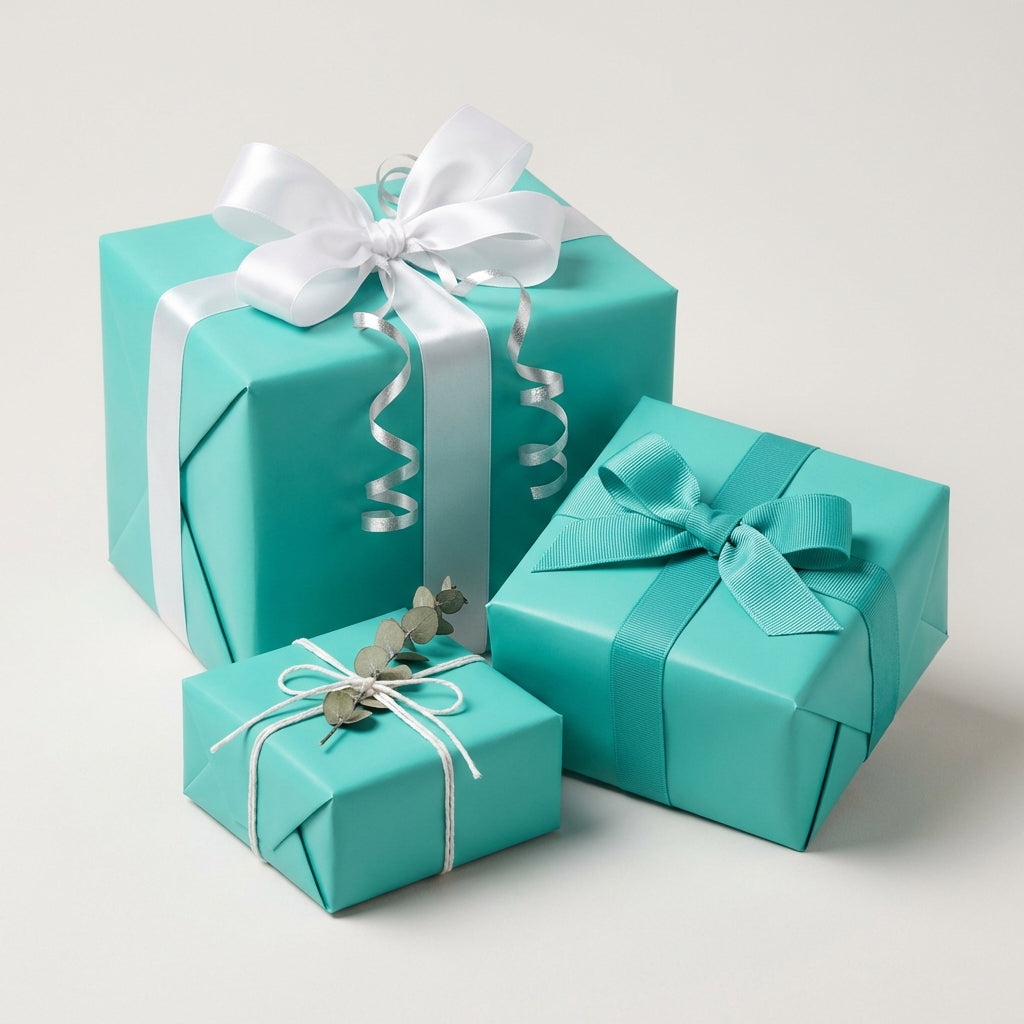 Elegant turquoise wrapping paper on square gifts with white satin ribbon & silver curly ribbon.