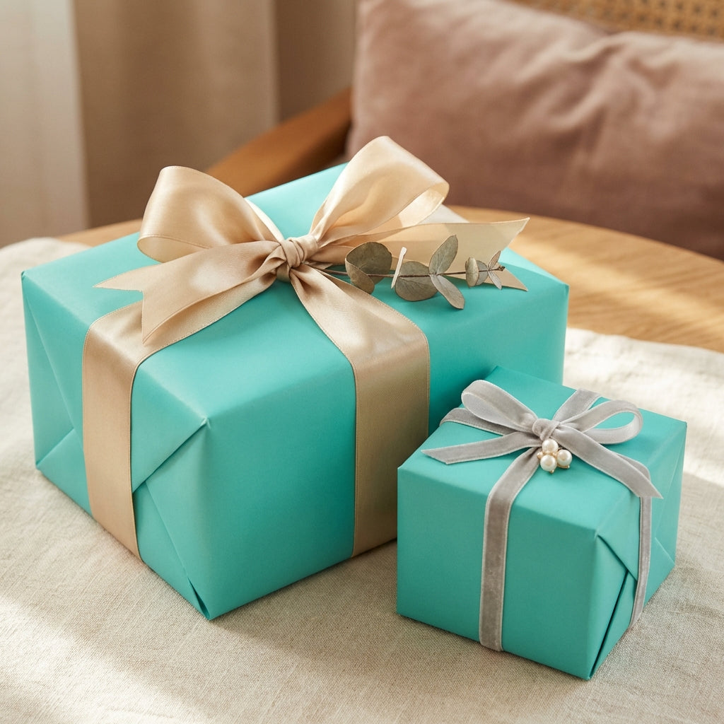 Teal gift wrap on two square boxes with gold and silver ribbons, elegant present wrapping paper for birthdays or Christmas.