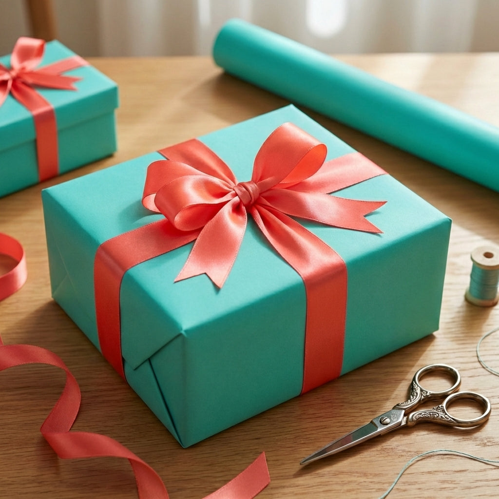 Teal wrapping paper with coral ribbon and bow on gifts for birthday or baby shower presents.