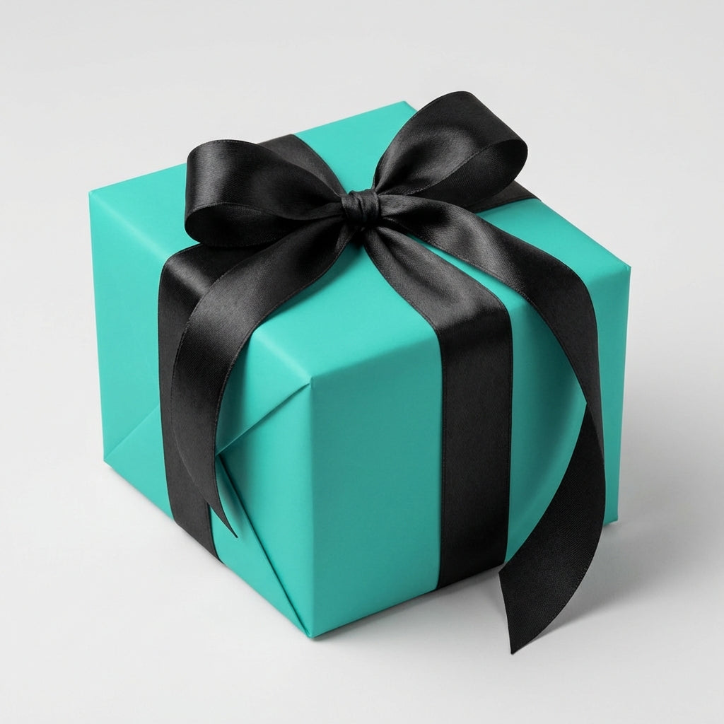 Teal square gift box wrapped with black satin ribbon, elegant modern wrapping paper.