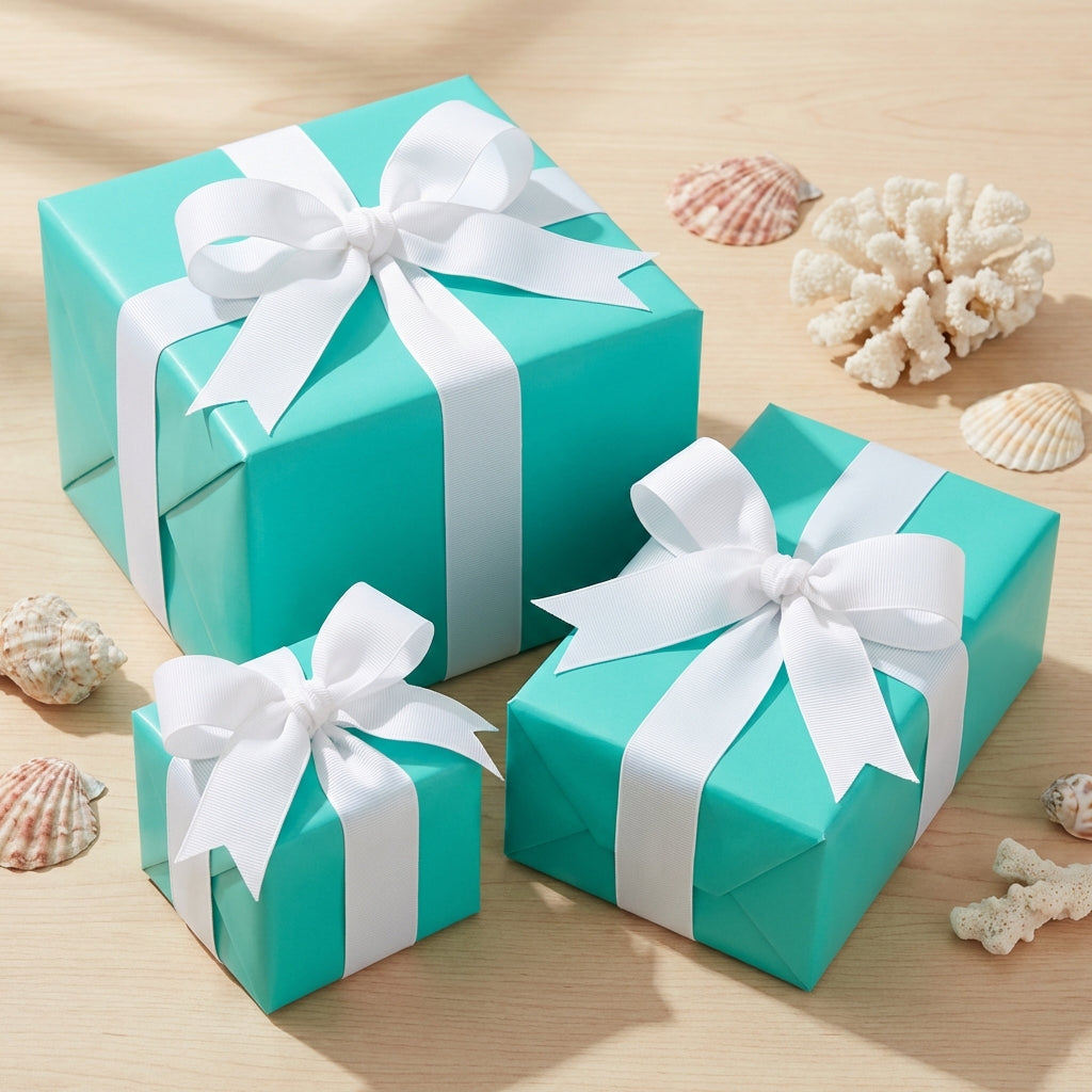 Teal gift boxes wrapped with white ribbon, perfect solid wrapping paper for birthdays, baby showers, or coastal-themed events.