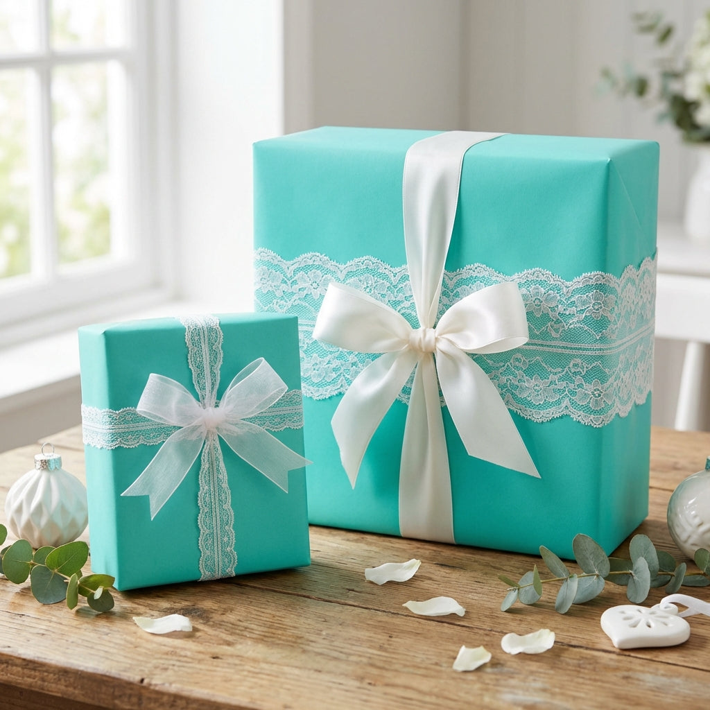 Teal wrapping paper with white lace trim and satin ribbon bows on gift boxes for birthdays or wedding presents.