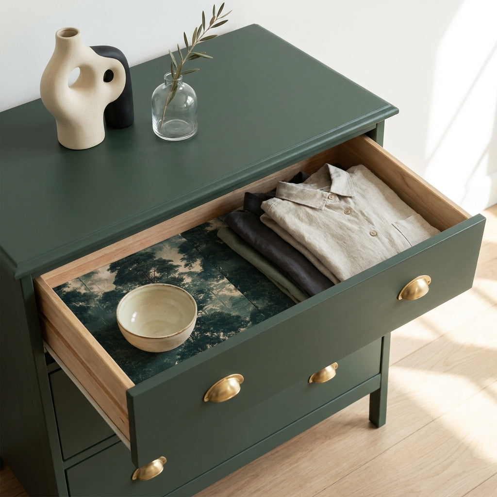 Forest print wrapping paper used as a luxury drawer liner in a green dresser, by Wrapped Studios.