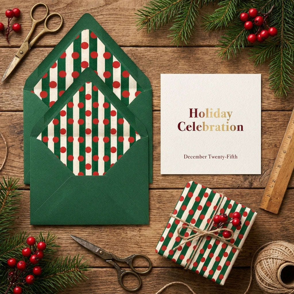 Christmas gift wrap with red and green stripes and matching envelope liners by Wrapped Studios.