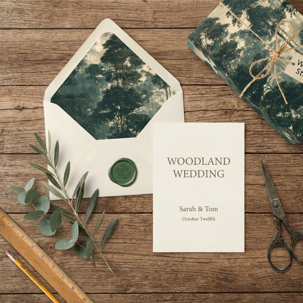 Rustic forest wrapping paper and woodland wedding invitation on a wood table by Wrapped Studios.