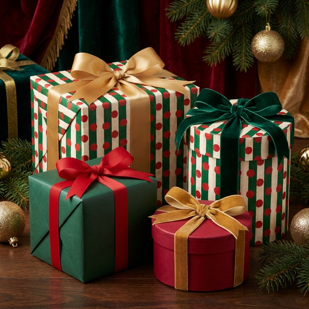 Red and green striped Christmas wrapping paper on elegant holiday gift boxes by Wrapped Studios.