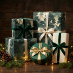 Luxury Christmas forest wrapping paper with elegant velvet ribbons on holiday gifts by Wrapped Studios.