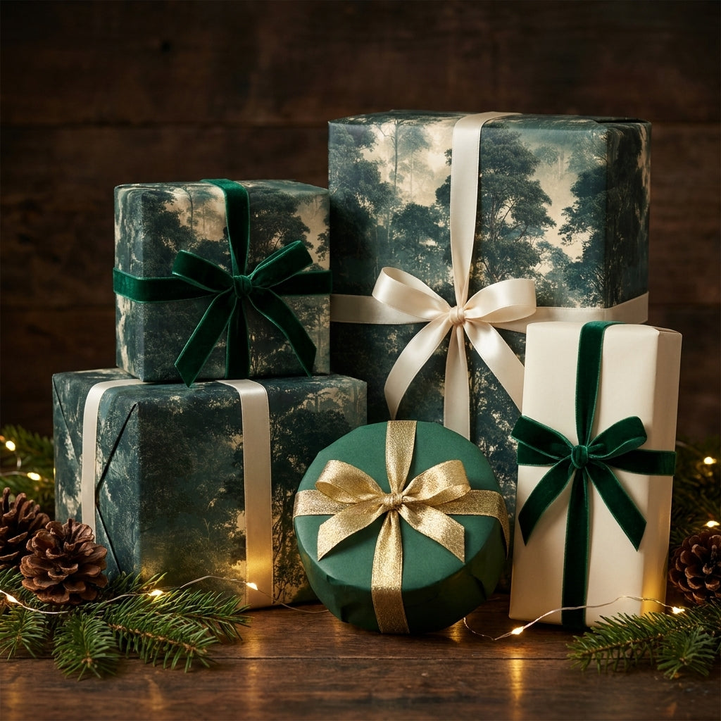 Luxury Christmas forest wrapping paper with elegant velvet ribbons on holiday gifts by Wrapped Studios.