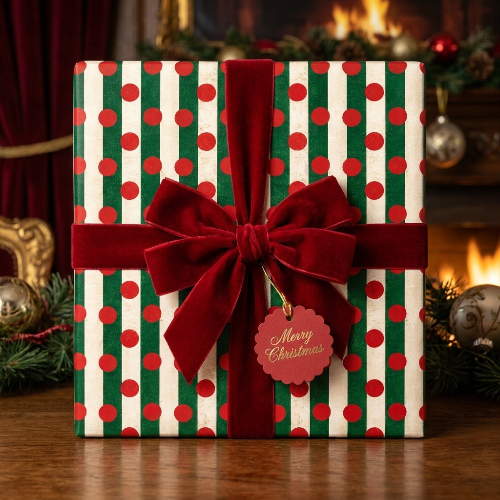 Red and green striped Christmas wrapping paper with a velvet bow by Wrapped Studios.