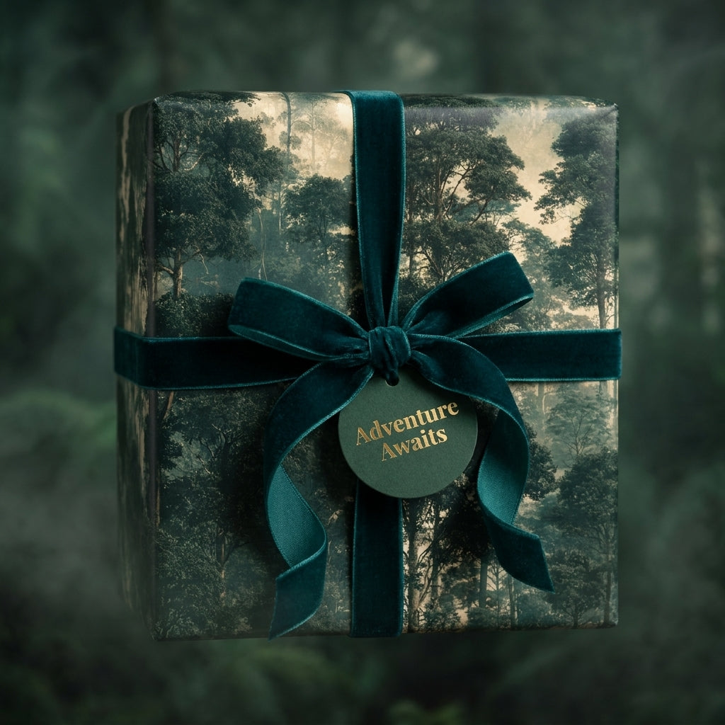 Luxury forest wrapping paper with green velvet ribbon and Adventure Awaits gift tag by Wrapped Studios.