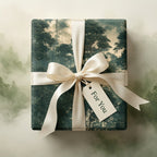 Misty forest wrapping paper with cream satin bow and gift tag by Wrapped Studios.