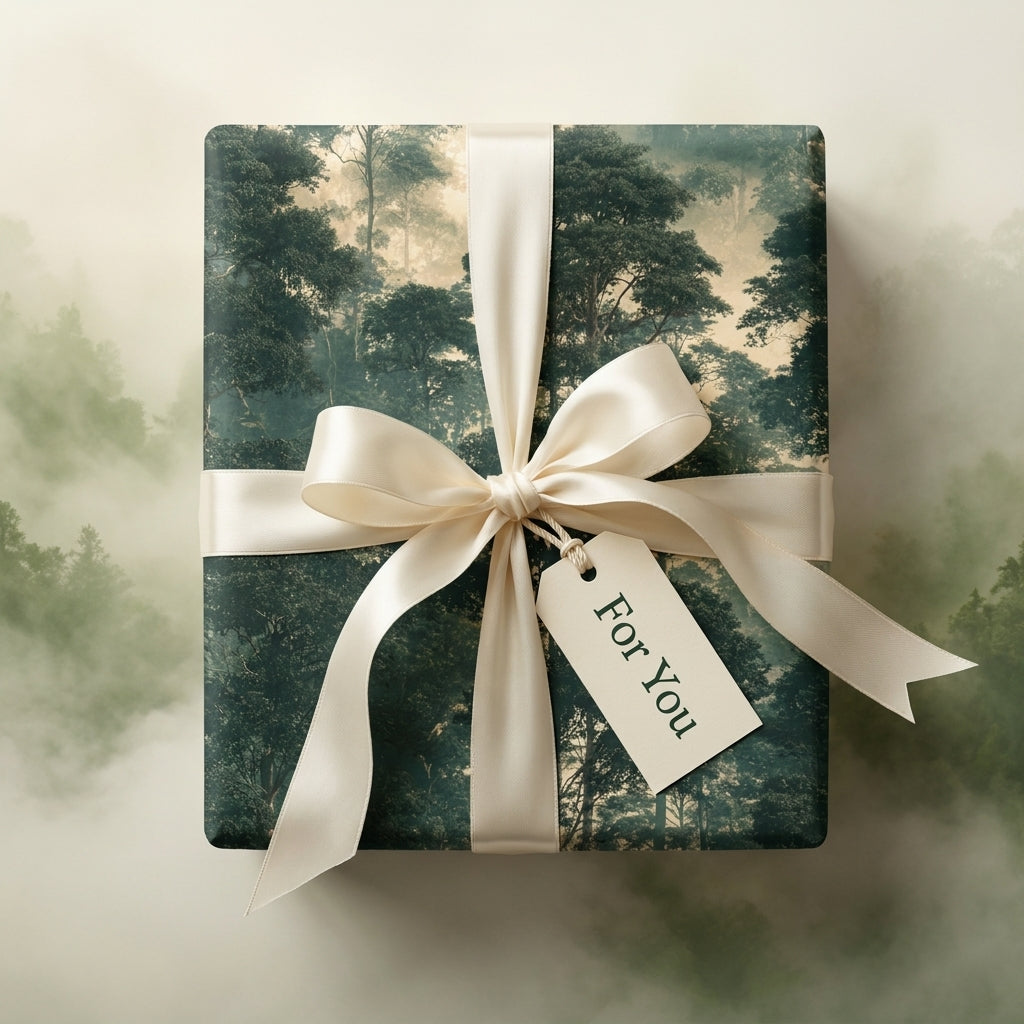 Misty forest wrapping paper with cream satin bow and gift tag by Wrapped Studios.