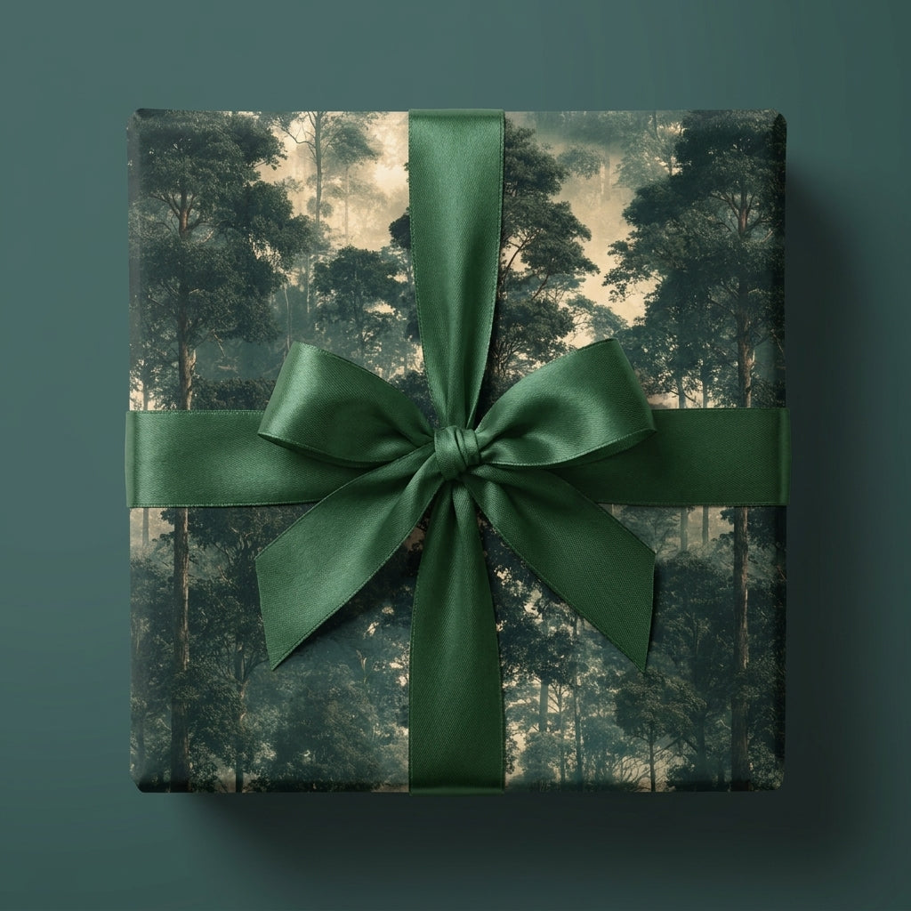 Luxury forest wrapping paper with a dark green satin ribbon on a gift box by Wrapped Studios.
