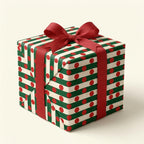 Retro Christmas wrapping paper with green stripes, red polka dots, and a red bow by Wrapped Studios.