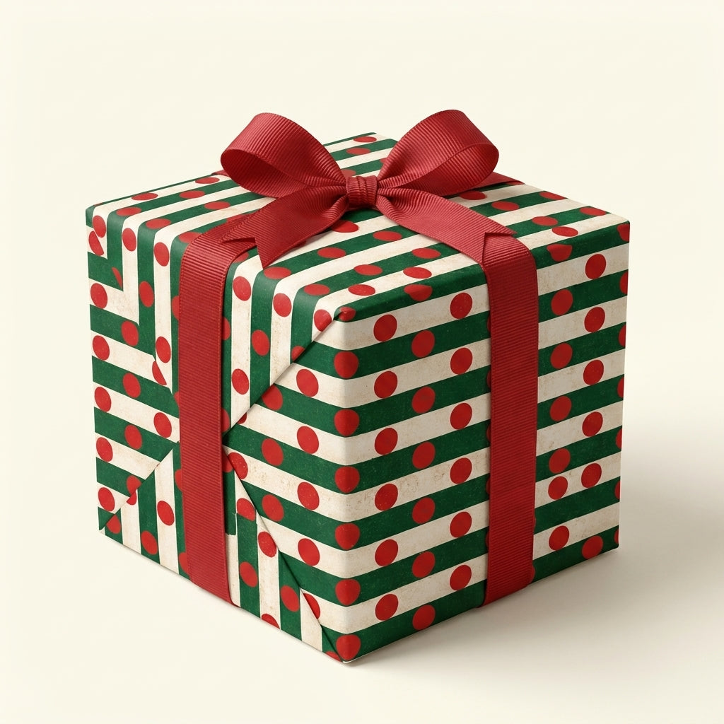 Retro Christmas wrapping paper with green stripes, red polka dots, and a red bow by Wrapped Studios.