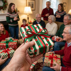 Green striped Christmas gift wrap with red polka dots by Wrapped Studios, held at a holiday family gathering.