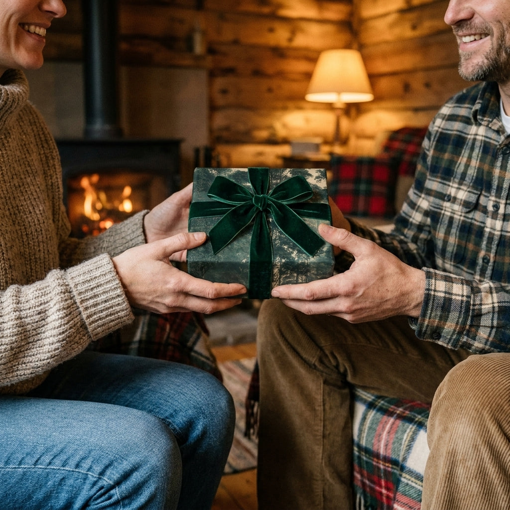 Couple holding a Christmas gift in rustic forest wrapping paper with a green velvet ribbon by Wrapped Studios.