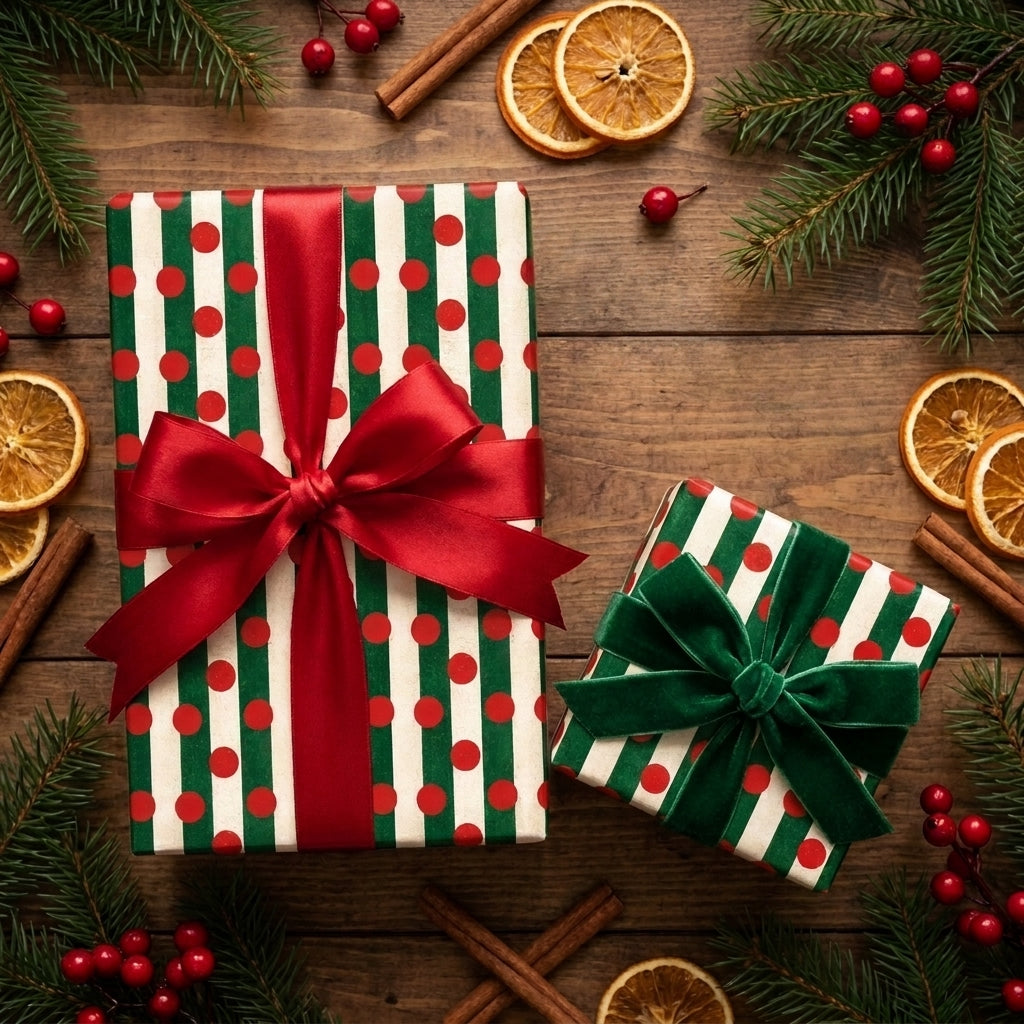 Festive red and green striped Christmas wrapping paper with velvet bows by Wrapped Studios.