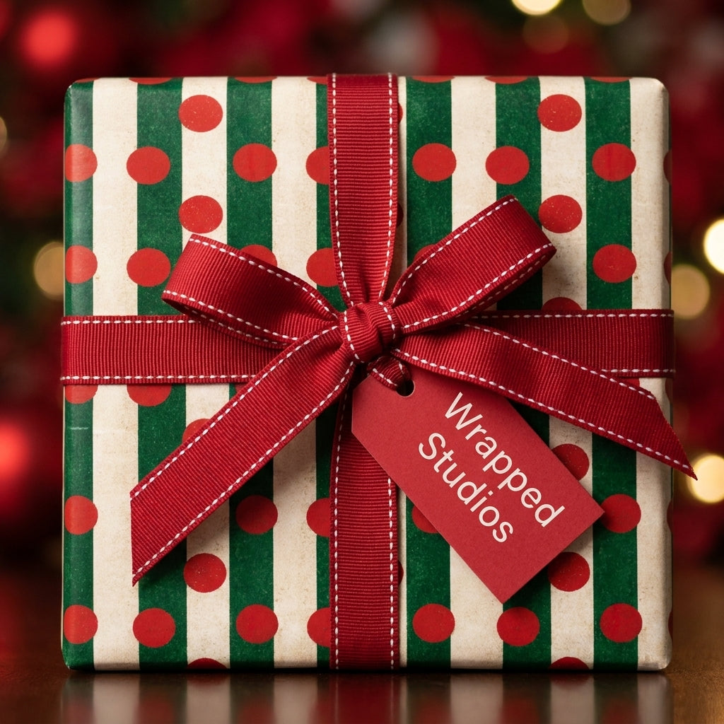 Red and green striped Christmas wrapping paper with polka dots and a red bow by Wrapped Studios.