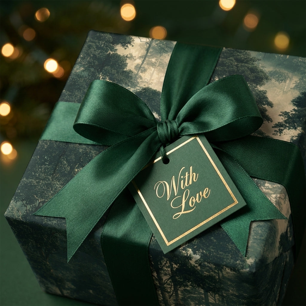 Forest tree holiday wrapping paper with a dark green satin bow and "With Love" tag by Wrapped Studios.