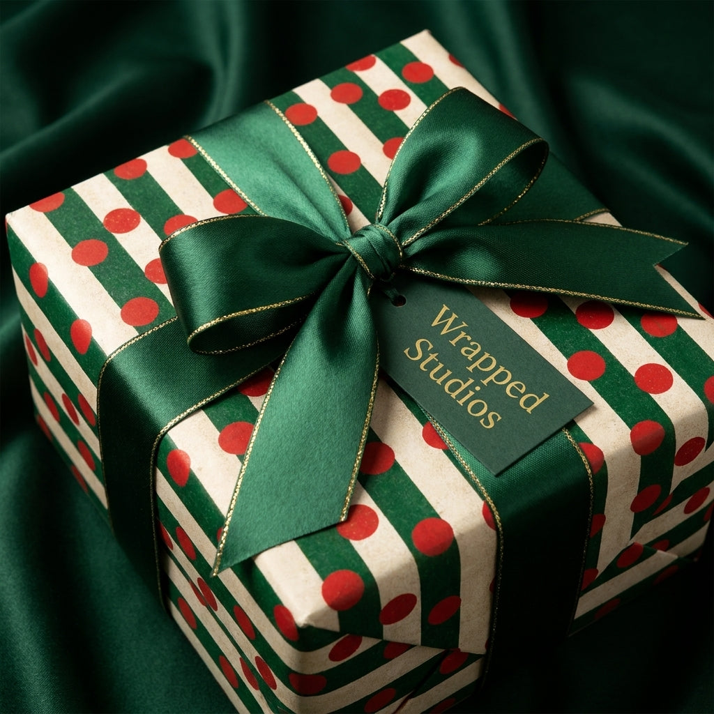 Red polka dot and green striped Christmas wrapping paper with a luxury satin bow by Wrapped Studios.