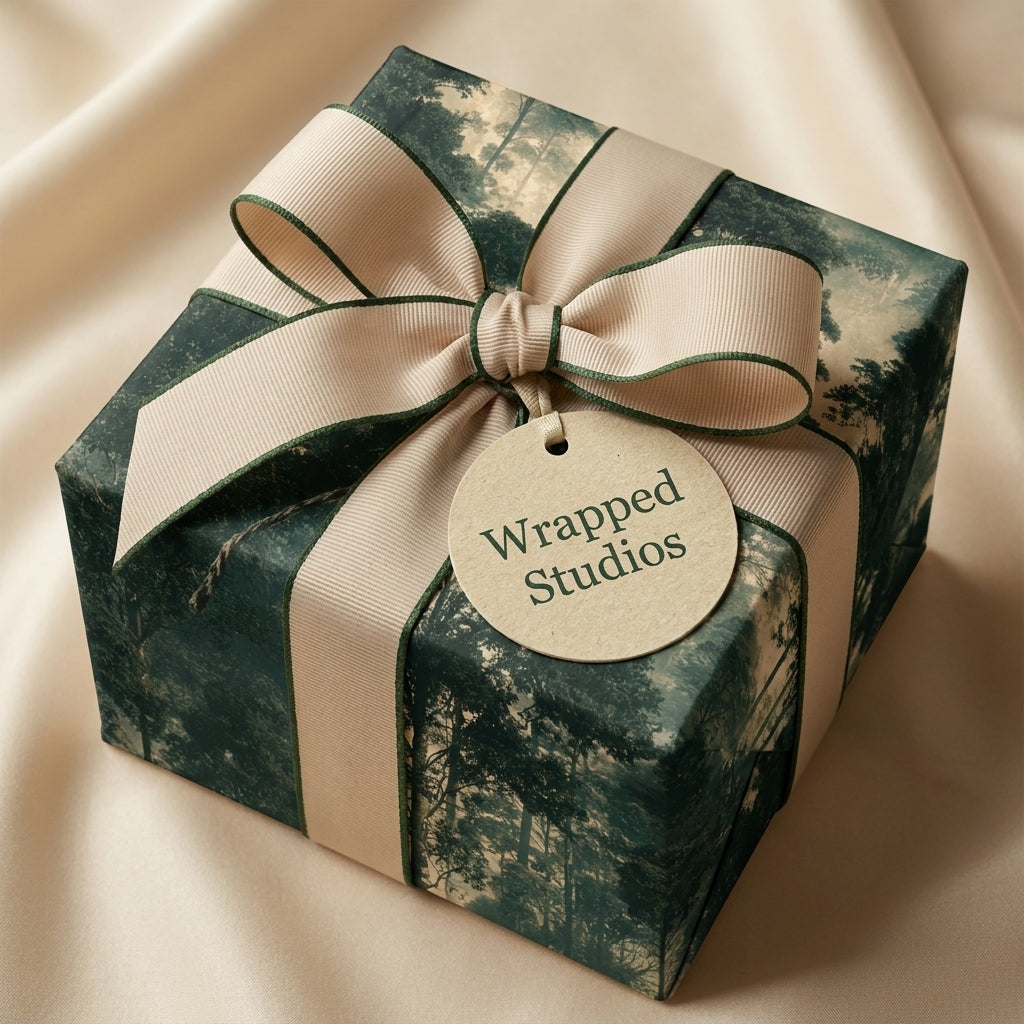 Vintage forest wrapping paper with an elegant beige ribbon and gift tag by Wrapped Studios.