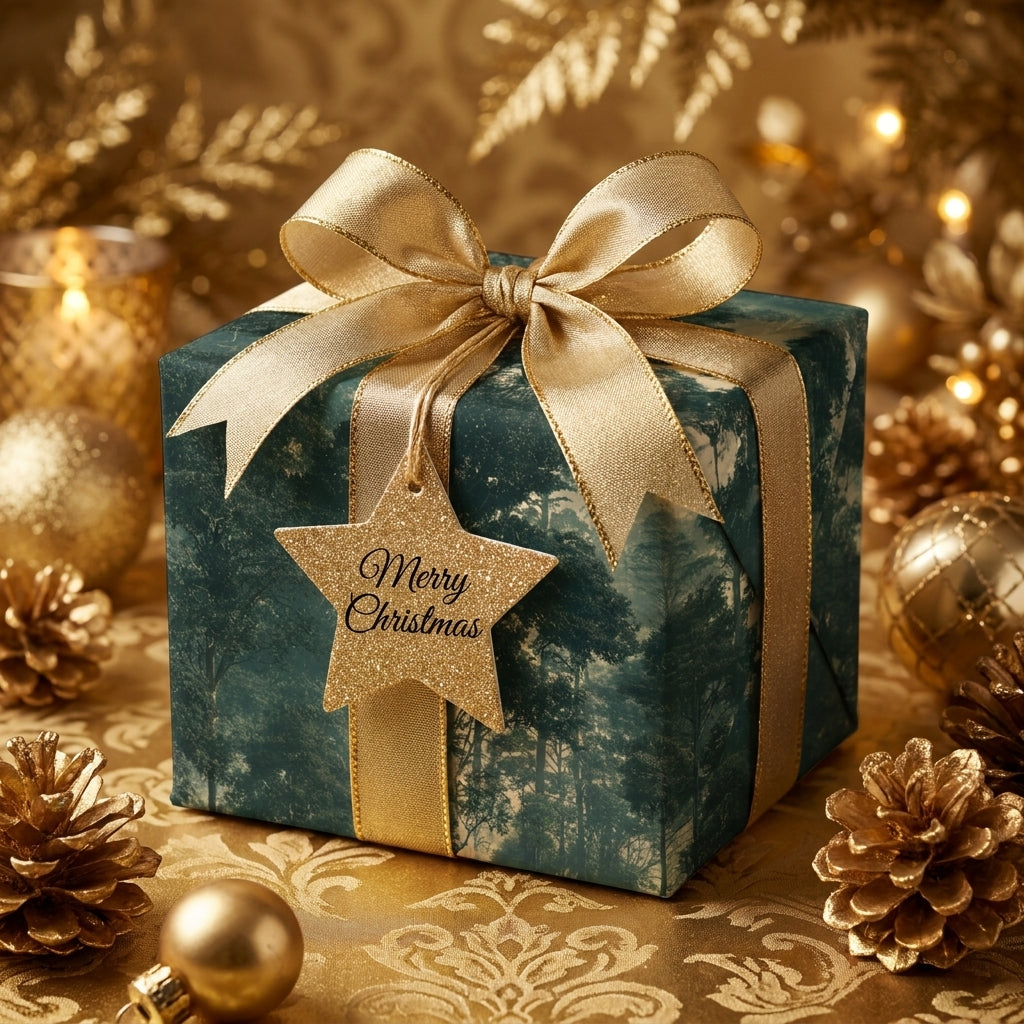 Elegant forest Christmas gift wrap with a gold ribbon and Merry Christmas star tag by Wrapped Studios.