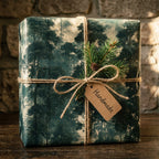 Rustic forest wrapping paper by Wrapped Studios on a gift with twine, pine sprig, and handmade tag.