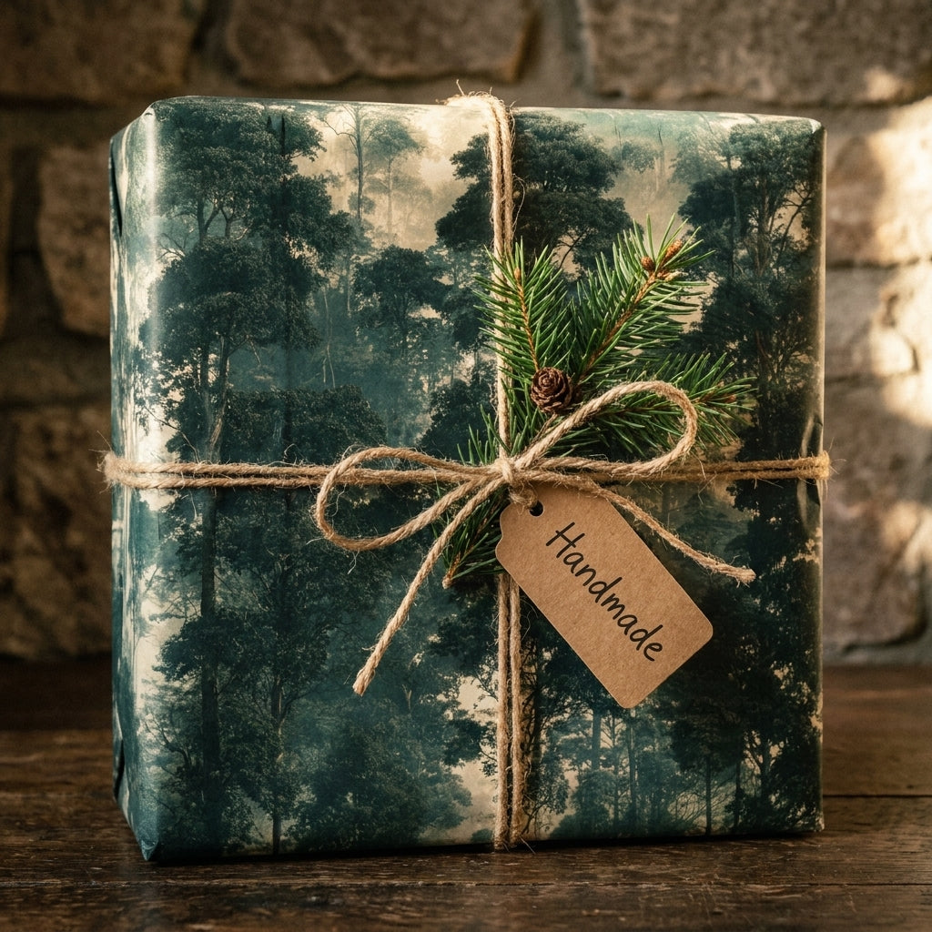Rustic forest wrapping paper by Wrapped Studios on a gift with twine, pine sprig, and handmade tag.