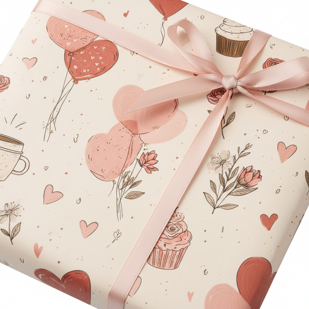 Blush pink birthday wrapping paper with heart balloons, floral, and cupcake design, tied with a delicate pink ribbon, perfect for gifts.