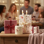 Elegant Valentine's Day gifts with charming pink and red heart-patterned wrapping paper, satin ribbons, and bows on a wooden table.