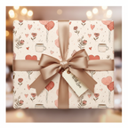 Elegant beige romantic wrapping paper with red hearts, balloons, and flowers, tied with a satin bow and "With Love" tag for Valentine's Day or anniversary gifts.