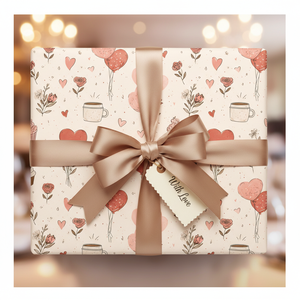 Elegant beige romantic wrapping paper with red hearts, balloons, and flowers, tied with a satin bow and "With Love" tag for Valentine's Day or anniversary gifts.