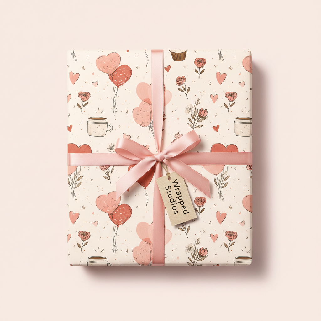 Charming pink heart balloon and floral gift wrap with a satin ribbon and "Wrapped Studios" tag, perfect for romantic Valentine's Day or anniversary presents.