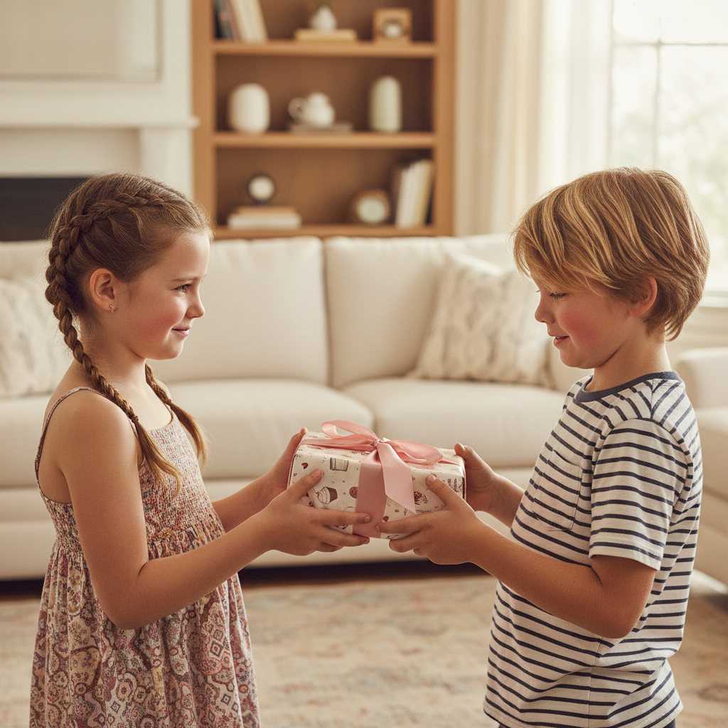 Two happy children exchange a lovely birthday gift wrapped in cute pink and white paper with a satin ribbon bow.