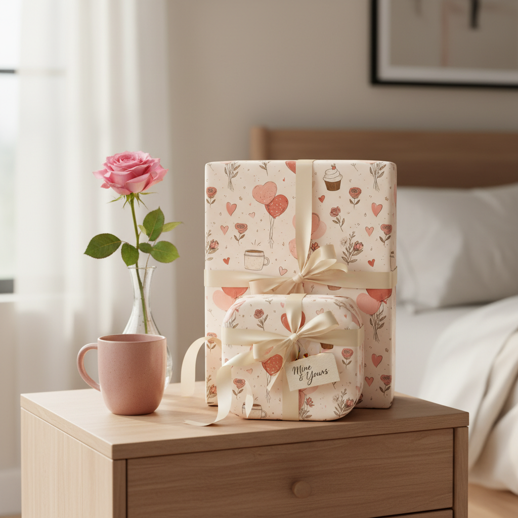 Romantic "Mine & Yours" Valentine's Day wrapping paper with hearts, balloons, and subtle pink ribbons on two gift boxes in a bedroom setting.