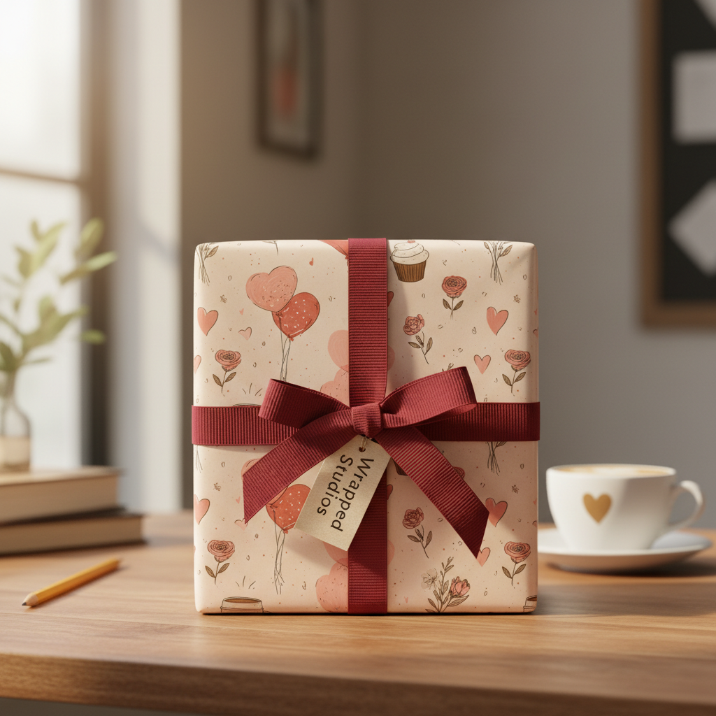 Cute pink Valentine's Day wrapping paper with heart balloons and roses, tied with a dark red ribbon and gift tag, on a wooden table.
