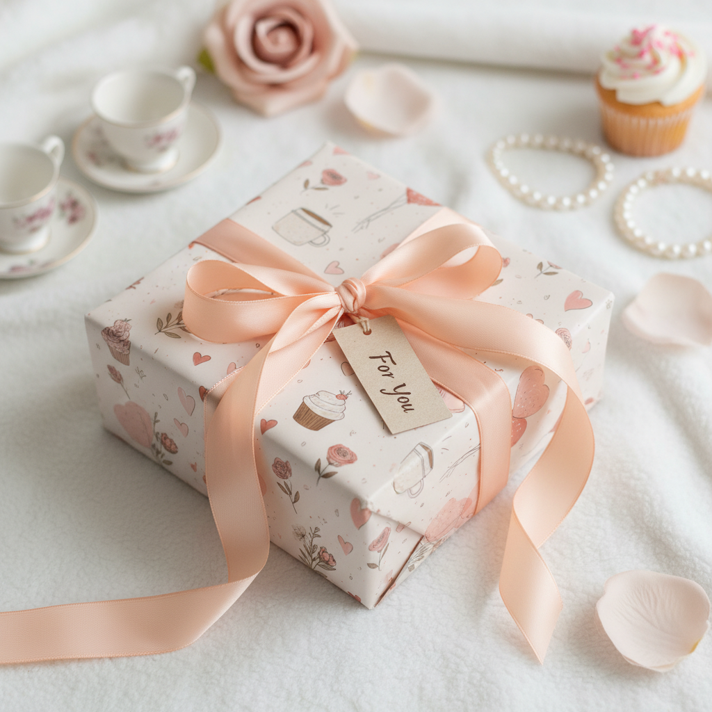 Elegant pink birthday wrapping paper with cute teacup and cupcake patterns, peach ribbon, and "For You" tag on a soft white background.