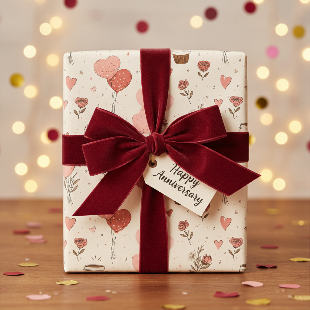 Elegant anniversary gift wrapped in charming pink and red heart pattern paper with a luxurious dark red velvet ribbon and gift tag.