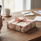Romantic "Love Always" gift wrapped in pink illustrated paper with a satin ribbon on a rustic wooden table.
