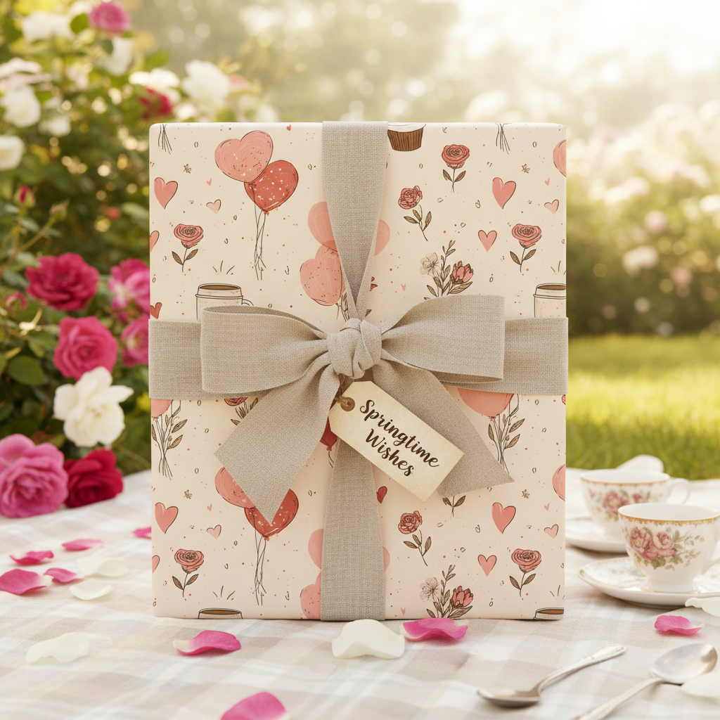 Springtime Wishes gift wrap features a playful pink and red balloon, heart, and floral pattern, tied with a gray ribbon, on a checkered picnic blanket in a rose garden.