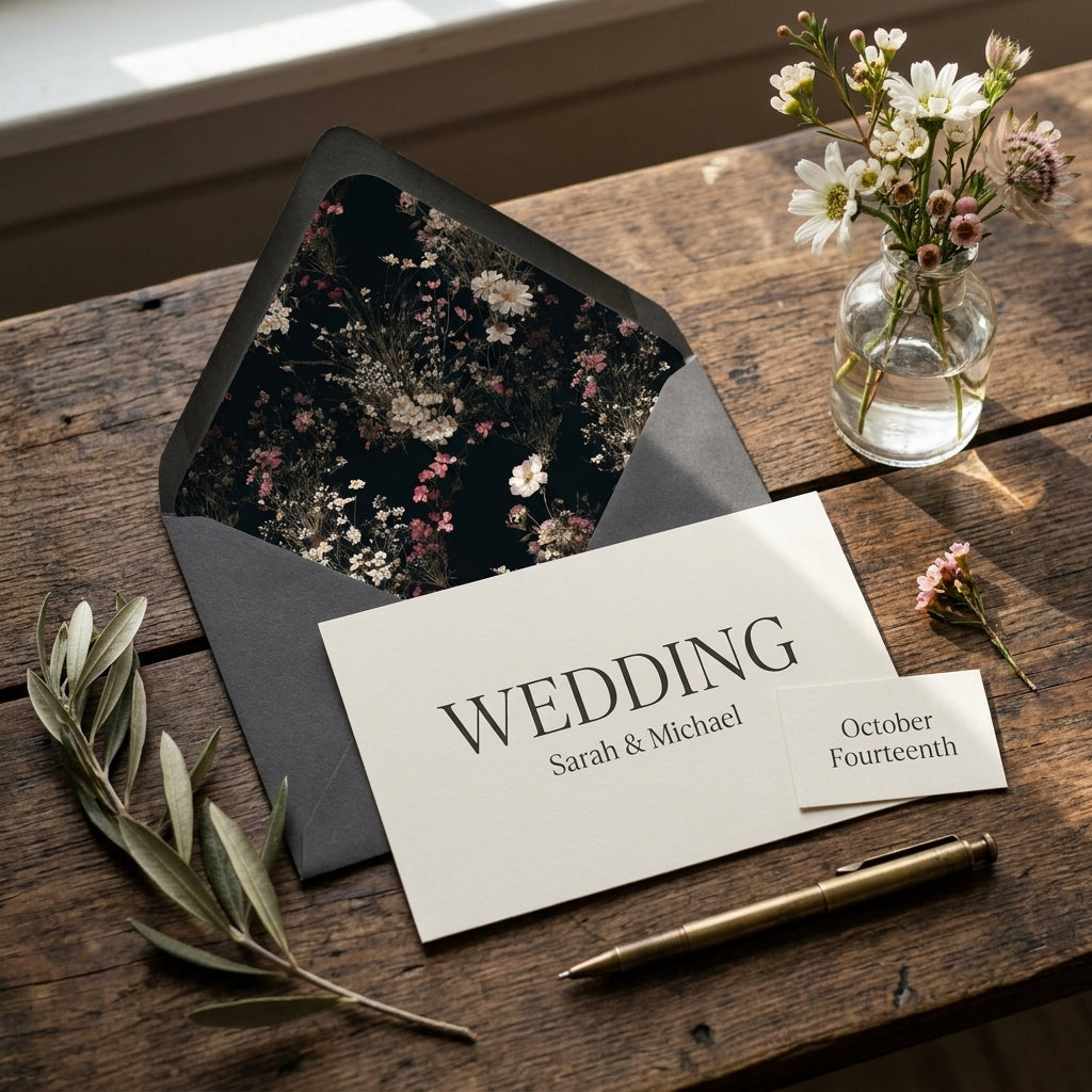 Elegant dark floral envelope liner and wedding invitation on a rustic wood table by Wrapped Studios.