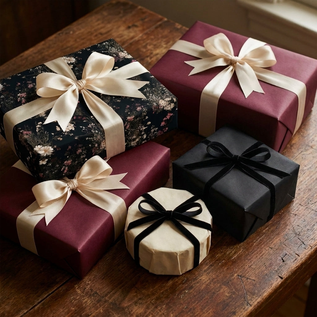 Luxury dark floral wrapping paper and burgundy gift wrap with elegant cream bows by Wrapped Studios.