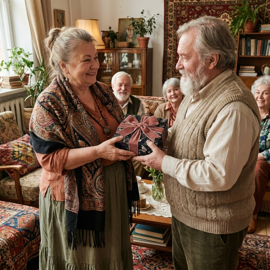 Elderly couple exchanging gift in luxury floral wrapping paper with pink velvet bow by Wrapped Studios.