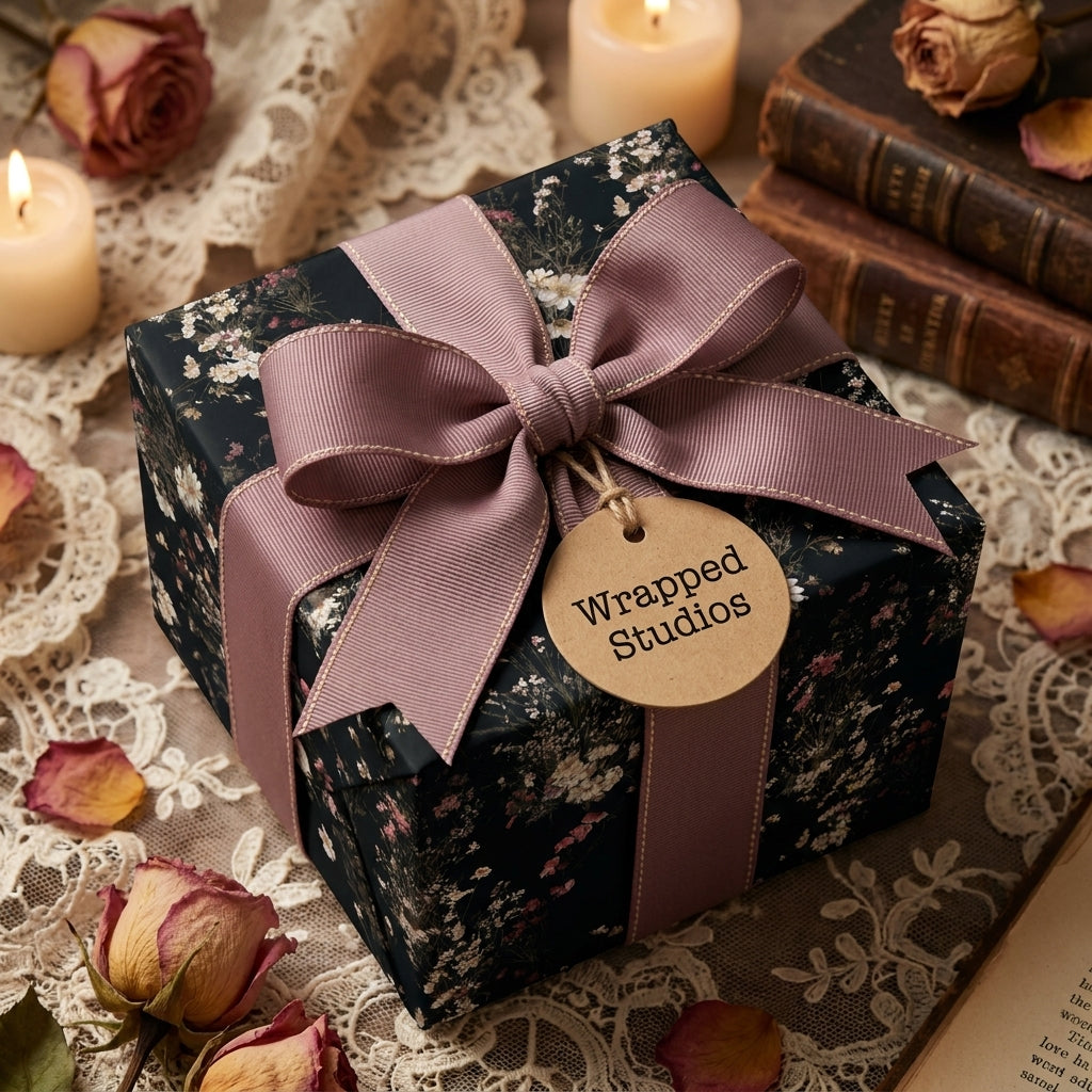 Dark vintage floral wrapping paper with a dusty rose ribbon on a gift box by Wrapped Studios.