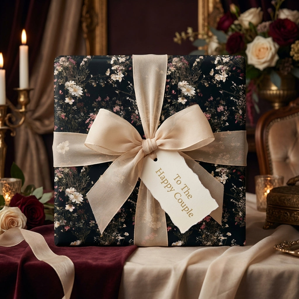 Luxury dark floral wedding gift wrap with cream bow and 'To The Happy Couple' tag by Wrapped Studios.